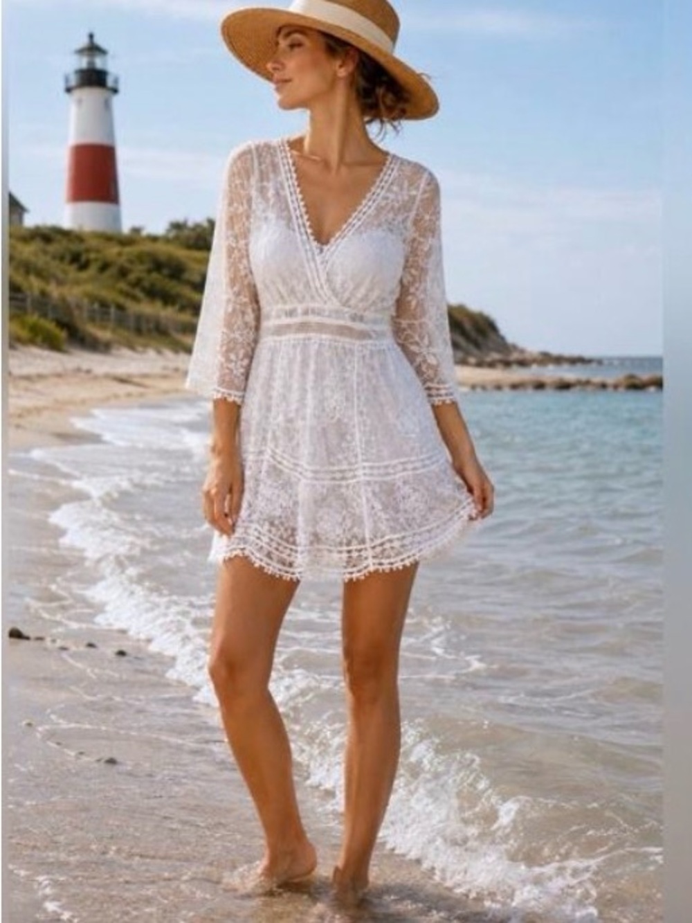 La Blanca White Lace Swim Coverup Dress Resort Beach M/L- FREE ADD ON ITEM